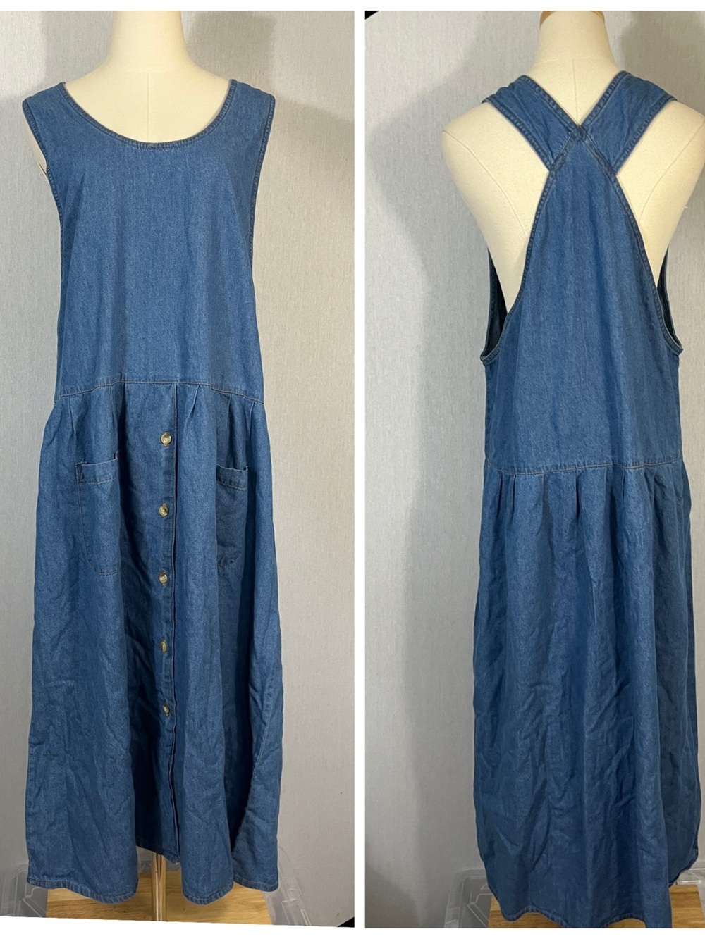 NWT Vintage Blue Denim Pinafore Style Drop waist Maxi Dress cottagecore boho
